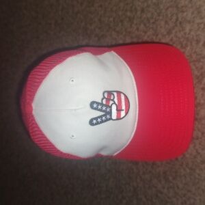 Mighty Fine Red American Flag Peace Sign Trucker Hat 4TH July Patriotic